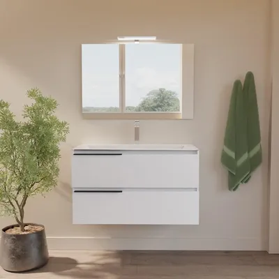 Immagine prodotto di Mobile bagno sospeso 80 cm con 2 cassetti, lavabo Vetroceramica, specchio e lampada LED | Berlin