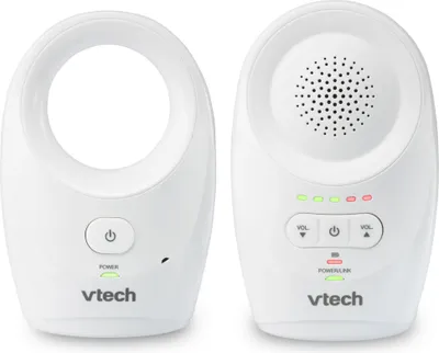 A white Vtech baby monitor set, consisting of a parent unit and a baby unit, is displayed against a white background.