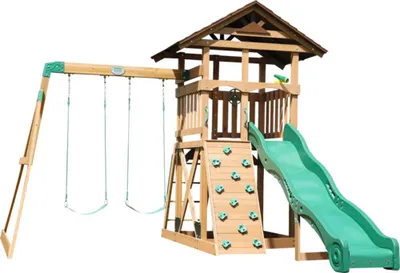 Produktbild von Backyard Discovery Spielturm Lightning Ridge aus Holz | XXL-Kinderspielhaus mit Doppelschaukel/Rutsche/Kletterwand/Leiter/Sandkasten/Zubehör
