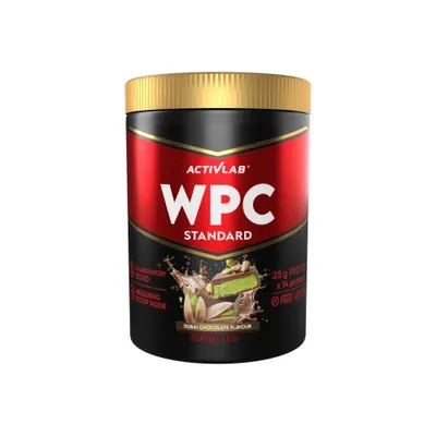 A product shot of a black and red tub of Activlab WPC Standard protein powder with a gold lid.