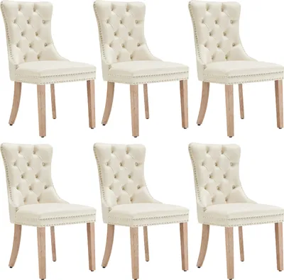 Produktbild von Esszimmerstuhl(Beige,6 St)Fußstuhl,Relaxsessel,Einzelsessel,mit Knopfsteppung,Gestell aus Massivholz,mit Knopfsteppung