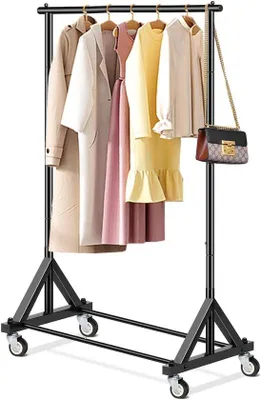 Image de Support à vêtements robuste Unyqoos® sur roulettes, en tube d'acier chromé, avec 4 roulettes (dont 2 verrouillables), idéal pour les petits espaces, dimensions : 142 x 39,8 x 81 cm, capacité de charge jusqu'à 120 lb