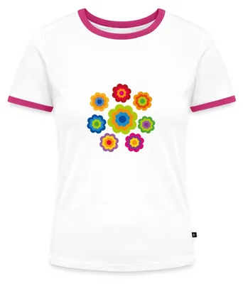 Produktbild von Spreadshirt 70er Jahre Hippie Flower Power Kostüm Blumen Fasching Frauen Kontrast T-Shirt, M, Weiß/Fuchsia