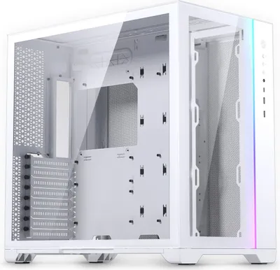 A white mid-tower PC case with glass panels and RGB lighting on the side.