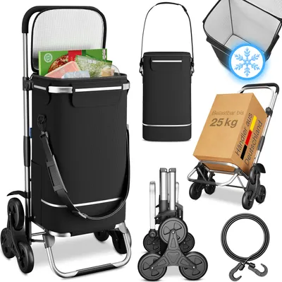 Produktbild von ELONEO Einkaufstrolley Treppensteiger mit XXL Kühlfach, Einkaufsroller klappbar, Shopping Trolley höhenverstellbar, Reflektoren, abnehmbare Tasche 43 L, Hackenporsche (Treppensteiger-Trolley Cool)