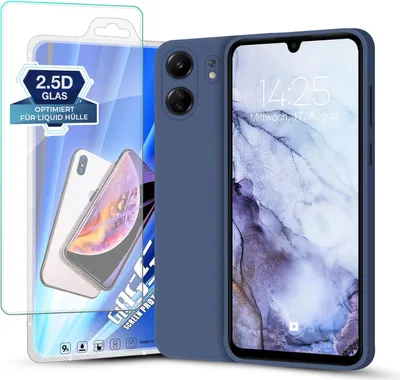 A smartphone case and screen protector are displayed together.