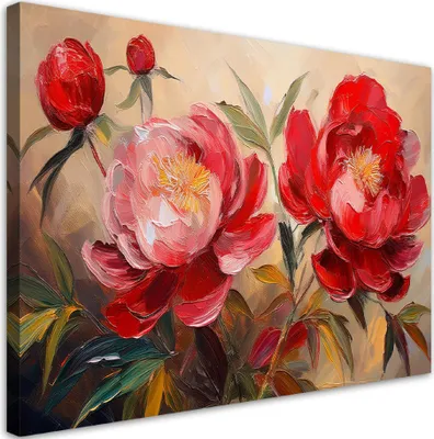 Produktbild von Leinwandbild Rote Pfingstrosen Blumen Pflanzen Gemalte 60x40 Feeby Rot bild für die wand bereit zum aufhängen
