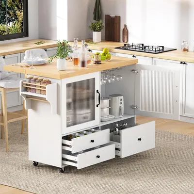 Obrázek produktu pro Merax kuchyňský servírovací vozík s výsuvnou pracovní deskou, na kolečkách, držák na sklenice na víno, 2 skleněná dvířka, 3 zásuvky, kuchyňský vozík, bílá + přírodní barva
