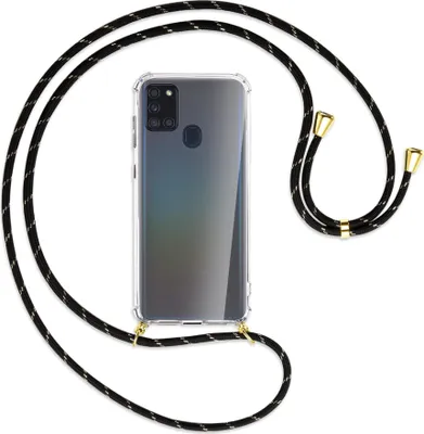 Produktbild von Handykette Backcover-Schutzhülle mit Band (Metall goldfarben) für Samsung Galaxy A21s - schwarz/gold