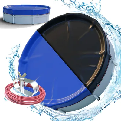 A pool cover and accessories are shown against a white background with water splashes.