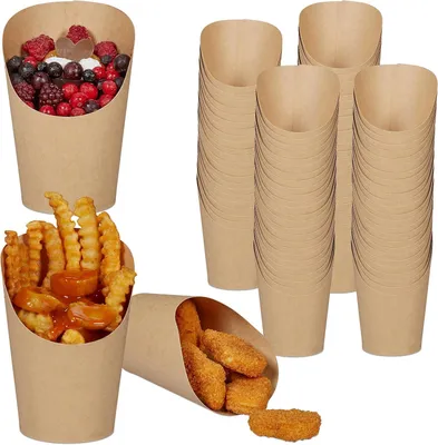 Productafbeelding van Papieren frietbakjes - Set van 100 - Rond - Patat - Wraps - Popcorn - Ijs - 400 ml - Snackbakjes kraftpapier - Bruin
