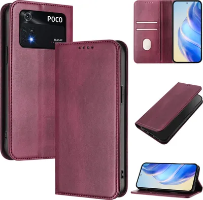 Obrázek produktu pro Pouzdro pro Xiaomi Poco M4 Pro 4G, vintage kožené pouzdro s RFID ochranou, přihrádkami na karty, stojánkem Červený