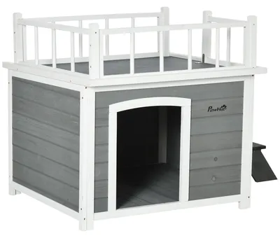 Produktbild von PawHut Hundehütte Hundehaus mit Balkon Erhöhtes Kleintierhaus mit Treppe Fenster