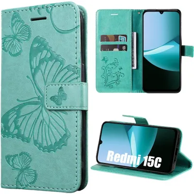 Image de Coque pour Xiaomi Redmi 15C 4G/5G, Protection Antichoc Anti-Rayures Effet Cuir Vert Motif Papillon