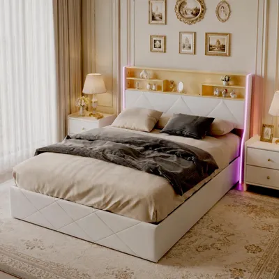 Immagine prodotto di Letto con boxspring INONEFT, 140x200 cm, con sistema di sollevamento idraulico e spazio contenitore, dotato di USB e LED, struttura imbottita con rete a doghe, letto matrimoniale, letto per ragazzi, rivestito in PU, colore bianco