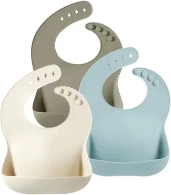 Productafbeelding van PandaEar Set van 3 siliconen slabbetjes voor baby's en peuters - BPA - Vrij - Waterdicht - Verstelbare voederslabbetjes met grote opvangzak