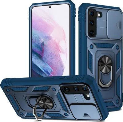 A collage of three images showing a blue phone case from different angles, with a smartphone inserted in one of them.