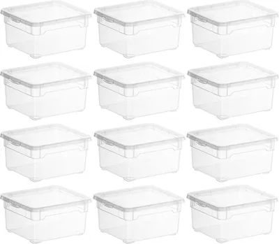 A grid of clear plastic storage boxes with lids.