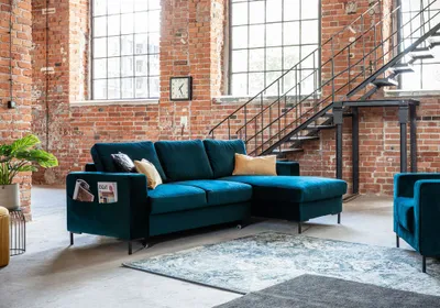 Produktbild von MIUFORM Lofty Lilly - Ecksofa mit Bettfunktion und Bettkasten L-FORM RECHTS - 236x148cm - Velours Petrolblau - Sofa Schlafsofa Couch