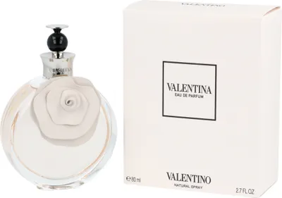A bottle of Valentino Valentina Eau de Parfum and its packaging are displayed side-by-side against a white background.