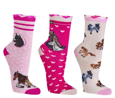 Produktbild von Mädchen Socken Pferde Motiv 3er Pack aus Baumwolle, Größe:27-30