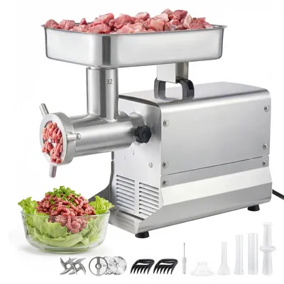 Produktbild von Fleischwolf - Elektrischer Fleischwolf #32 - 9,5 kg/min Kapazität - 1100 W Motor - 2-in-1 Küchenmaschine - Edelstahlgehäuse - Mit 3 Lochscheiben & 3 Wurstfüllrohren - Silber