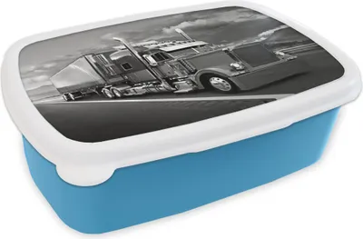 Produktbild von KitchenYeah® Lunchbox Brotzeit Brotdose 17x11 cm Lkw - schwarz und weiß Kinder Brotzeitdose - Lunch - Kunststoff  - Brotbüchse - Sandwichbox - Lunchbox für Kinder