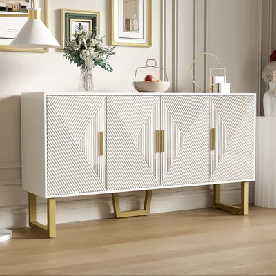 Obrázek produktu pro MODFU Kuchyňská skříň s vysoce lesklými texturovanými dveřmi a zlatými úchyty, design s 4 dveřmi, výškově nastavitelnými policemi pro obývací pokoj, ložnici, bílá
