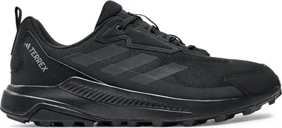 A black Adidas Terrex Anylander outdoor hiking shoe is shown against a white background.
