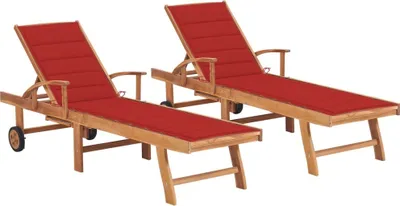 Produktbild von Sonnenliegen 2 Stk. mit Auflagen Rot Massivholz Teak