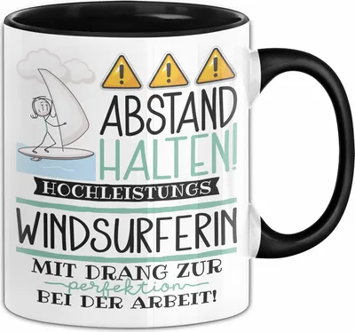 Produktbild von Windsurferin Tasse Geschenk Lustig Abstand Halten Hochleistungs-Windsurferin Mit Drang Zur Perfektion Bei Der Arbeit (Schwarz)