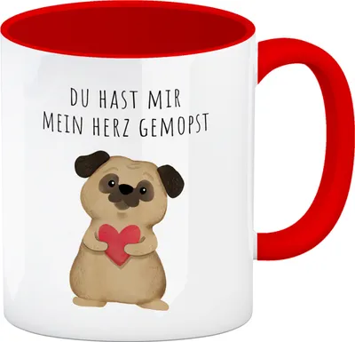 Produktbild von Mops mit Herz Kaffeebecher in rot mit Spruch Du hast mir mein Herz gemopst