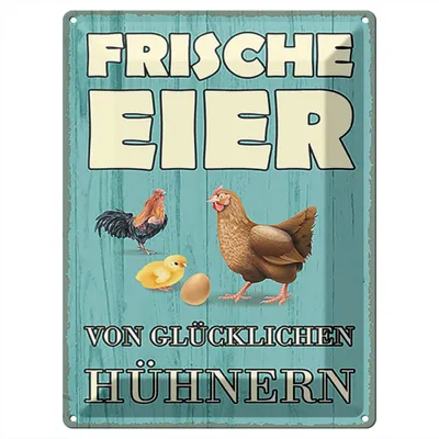 Produktbild von Blechschild Wandbild in : Brillante Farben, Größe 30 x 40 cm Motiv Blechschild Spruch 30x40cm frische Eier glückliche Hühner