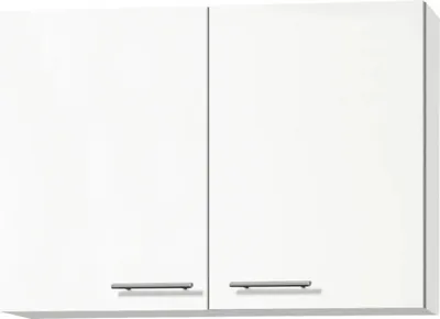 A white wall cabinet with two doors and silver handles.