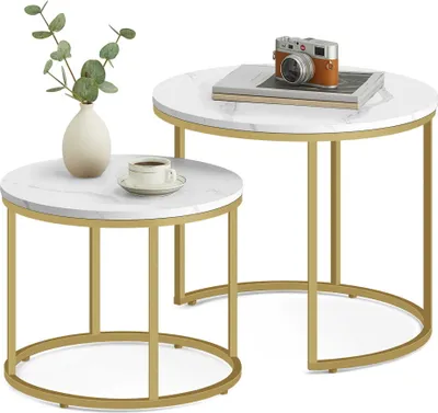 Produktbild von Couchtisch 2er Set Rund Beistelltisch Loft Design 2 in 1 Verschachtelung kratzfeste Oberfläche, Wohnzimmer | 53cm und 43cm Breit Marmor Optik mit goldenen Beinen