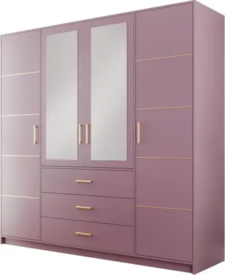 Produktbild von Furniture24 Kleiderschrank Bali II BD4 Schrank 196x200x58 cm 4 Türiger mit Spiegel 3 Schubladenleiderstange Drehtürenschrank Pflaume