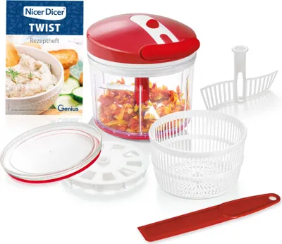 Produktbild von Genius Nicer Dicer Twist Universalzerkleinerer 9-tlg rot - Gemüseschneider manuell mit Seilzug, Salatschleuder & Sieb 1000ml; A29188