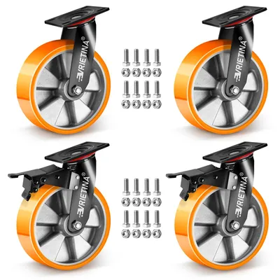 Produktbild von 4 Stück 150mm Schwerlastrollen mit Bremse, 2 Universal Rad + 2 Lenkrollen Bremse, Traglast 1350 kg, 360° Drehbar Industrierollen Schwerlast