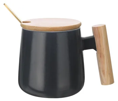 Productafbeelding van Keramische mok met houten handvat, 380 ml, zwart, set met deksel en lepel