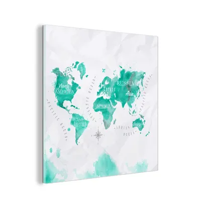 Obrázok produktu pre MuchoWow® Sklenené obrazy - Obrazy na stenu - Foto na skle Akvarel - Mapa sveta - Tyrkysová 90x90cm Nástenná dekorácia zo skla - akrylový sklenený obraz -