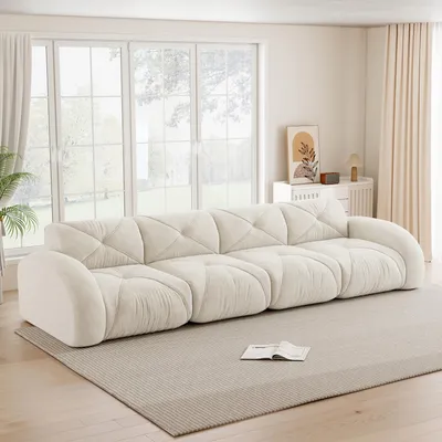 Produktbild von Chenille-Viersitzer-Modulsofa, rahmenlos, extra groß, 32D-Schaum, 358 x 95 x 76 cm, Hellbeige