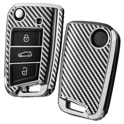 Productafbeelding van Autosleutelbescherming voor VW Golf 7, Polo, Tiguan, Skoda, 3 knoppen, zilver, carbonvezel, TPU