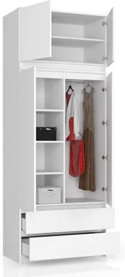 Image de Armoire à 4 portes, avec 4 étagères, tringle à vêtements, 2 tiroirs - Armoire de rangement - Armoire moderne pour chambre, salon ou couloir - 234x90x51 cm - Blanche