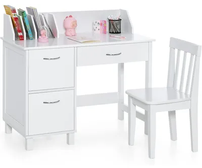 Immagine prodotto di Scrivania per bambini con sedia, in legno bianco, completa di libreria, cassetto e ripiano