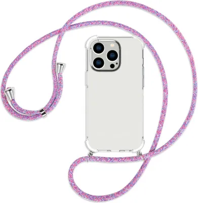 Produktbild von Handykette Backcover-Schutzhülle mit Band (Metall silberfarben) für Apple iPhone 14 Pro (6.1'') - lila/rosa/blau