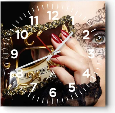 Produktbild von Wanduhr - Quadrat - Glasuhr - Frau Mode Venedig Maske - 30x30cm - Schleichendes Uhrwerk - Lautlos - zum Aufhängen bereit - Dekoration Modern - Wanddekoration aus Glas - C4AC30x30-2680