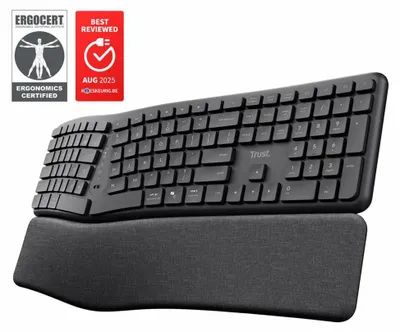 Zdjęcie produktu dla Trust Keyra, Pełnowymiarowy (100%), Bezprzewodowy, RF Wireless + Bluetooth, Membranowa, QWERTY, Czarny