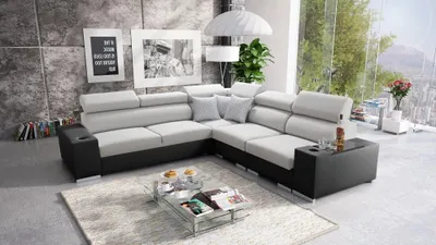Produktbild von Ecksofa mit Schlaffunktion Eckcouch PERS III Sofa (Grau SAWANA 84 + schwarzes Kunstleder, Rechts)