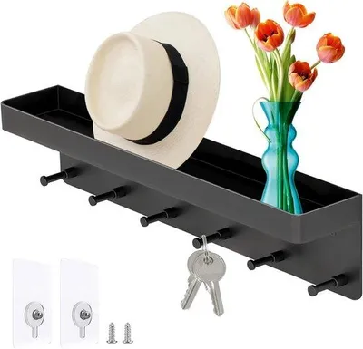 Produktbild von Ultiluxe Schlüsselbrett mit Ablage - Schwarz - 6 Haken - Selbstklebend - Haustür & Küche - Wandhaken für Schlüssel - Aufhänger für Accessoires - Schlü