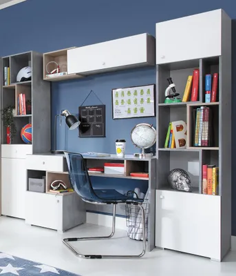 Produktbild von Jugendzimmer Set 4-teilig SEATTLE-133 mit Schreibtisch in Beton weiß Eiche